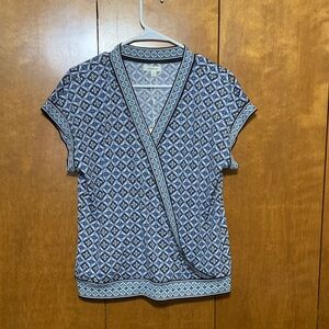 Max Studio Navy & White Printed Wrap-Style Short Sleeve Top